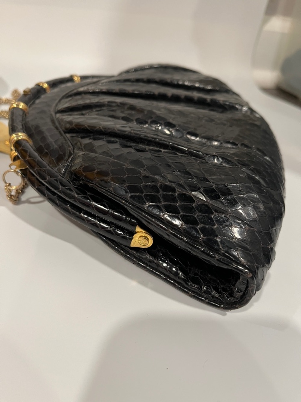 Vintage Black Snakeskin Clutch | Gold Chain Strap | 1980s Glam - Picture 13 of 13